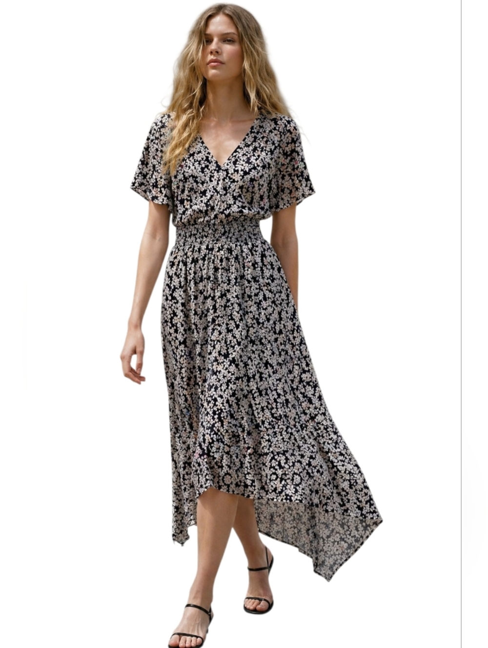 CeCe Black Floral V-Neck Smocked Waist High-Low Dress